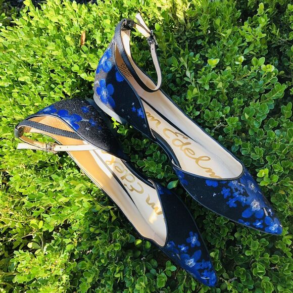 Sam Edelman Radley Floral Jacquard Ankle Strap Flats Blue Size 8.5 - Picture 13 of 14